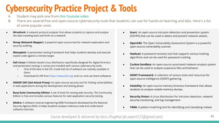 Course developed & delivered by Haris Chughtai (dc.expert123@gmail.com)
Cybersecurity Practice Project & Tools
A. Student may pick one from this Youtube video
B. There are several free and open-source cybersecurity tools that students can use for hands-on learning and labs. Here's a list
of some popular ones:
45
● Wireshark: A network protocol analyzer that allows students to capture and analyze
the data traveling back and forth on a network.
● Nmap (Network Mapper): A powerful open-source tool for network exploration and
security auditing.
● Metasploit: A penetration testing framework that helps students develop and execute
exploit code against a remote target.
● Kali Linux: A Debian-based Linux distribution speciﬁcally designed for digital forensics
and penetration testing. It comes pre-installed with various cybersecurity tools.
○ One of the best is Kali OS. Inside Kali lot of software are natively available in
there
○ Download its VM from https://www.kali.org/ and run and use there softwares
● OWASP ZAP (Zed Attack Proxy): An open-source security tool for ﬁnding vulnerabilities
in web applications during the development and testing phase.
● Burp Suite Community Edition: A set of tools for testing web security. The Community
Edition is free and includes various features for web application security testing.
● Ghidra: A software reverse engineering (SRE) framework developed by the National
Security Agency (NSA). It helps students analyze malicious code and understand
software internals.
● Snort: An open-source intrusion detection and prevention system
(IDS/IPS) that can be used to detect and prevent network attacks.
● OpenVAS: The Open Vulnerability Assessment System is a powerful
open-source vulnerability scanner.
● Hashcat: A password recovery tool that supports various hashing
algorithms and can be used for password cracking.
● Cuckoo Sandbox: An open-source automated malware analysis system
that can be used to analyze suspicious ﬁles and behavior.
● OSINT Framework: A collection of various tools and resources for
open-source intelligence (OSINT) gathering.
● Volatility: An open-source memory forensics framework that allows
students to analyze volatile memory dumps.
● Security Onion: A Linux distribution for intrusion detection, network
security monitoring, and log management.
● YARA: A pattern-matching tool for identifying and classifying malwar
 