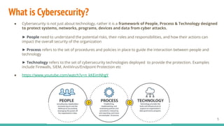 Course developed & delivered by Haris Chughtai (dc.expert123@gmail.com)
What is Cybersecurity?
5
● Cybersecurity is not just about technology, rather it is a framework of People, Process & Technology designed
to protect systems, networks, programs, devices and data from cyber attacks.
► People need to understand the potential risks, their roles and responsibilities, and how their actions can
impact the overall security of the organization
► Process refers to the set of procedures and policies in place to guide the interaction between people and
technology
► Technology refers to the set of cybersecurity technologies deployed to provide the protection. Examples
include Firewalls, SIEM, AntiVirus/Endpoint Protection etc
● https://www.youtube.com/watch?v=n_kKEimNhgY
 
