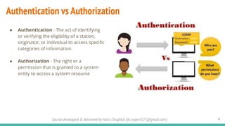 Course developed & delivered by Haris Chughtai (dc.expert123@gmail.com)
Authentication vs Authorization
● Authentication - The act of identifying
or verifying the eligibility of a station,
originator, or individual to access speciﬁc
categories of information.
● Authorization - The right or a
permission that is granted to a system
entity to access a system resource
8
 