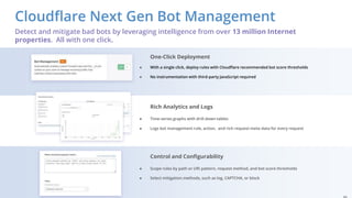 Cloudflare Next Gen Bot Management
One-Click Deployment
● With a single click, deploy rules with Cloudflare recommended bot score thresholds
● No instrumentation with third-party JavaScript required
Control and Configurability
● Scope rules by path or URI pattern, request method, and bot score thresholds
● Select mitigation methods, such as log, CAPTCHA, or block
Rich Analytics and Logs
● Time-series graphs with drill-down tables
● Logs bot management rule, action, and rich request meta-data for every request
Detect and mitigate bad bots by leveraging intelligence from over 13 million Internet
properties. All with one click.
 