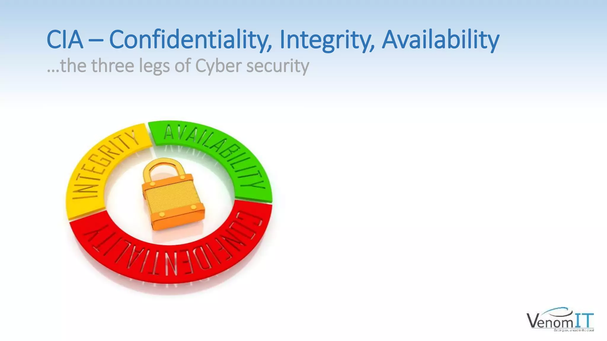 CIA – Confidentiality, Integrity, Availability
…the three legs of Cyber security
 