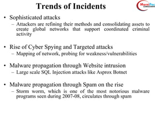 Trends of Incidents
• Sophisticated attacks
– Attackers are refining their methods and consolidating assets to
create global networks that support coordinated criminal
activity
• Rise of Cyber Spying and Targeted attacks
– Mapping of network, probing for weakness/vulnerabilities
• Malware propagation through Website intrusion
– Large scale SQL Injection attacks like Asprox Botnet
• Malware propagation through Spam on the rise
– Storm worm, which is one of the most notorious malware
programs seen during 2007-08, circulates through spam
 