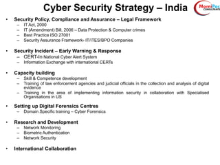 Cyber Security Strategy – India
• Security Policy, Compliance and Assurance – Legal Framework
– IT Act, 2000
– IT (Amendment) Bill, 2006 – Data Protection & Computer crimes
– Best Practice ISO 27001
– Security Assurance Framework- IT/ITES/BPO Companies
• Security Incident – Early Warning & Response
– CERT-In National Cyber Alert System
– Information Exchange with international CERTs
• Capacity building
– Skill & Competence development
– Training of law enforcement agencies and judicial officials in the collection and analysis of digital
evidence
– Training in the area of implementing information security in collaboration with Specialised
Organisations in US
• Setting up Digital Forensics Centres
– Domain Specific training – Cyber Forensics
• Research and Development
– Network Monitoring
– Biometric Authentication
– Network Security
• International Collaboration
 