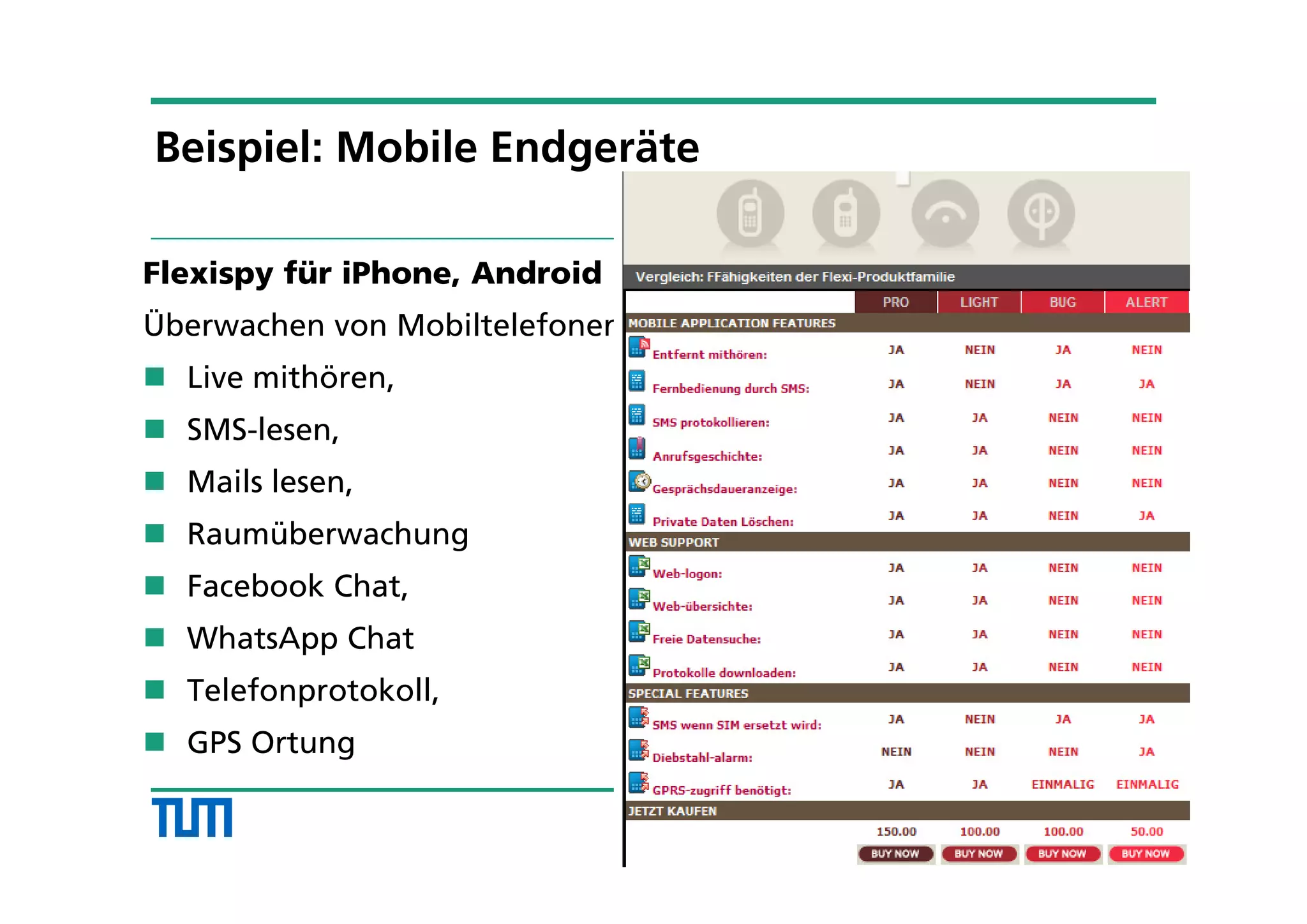 Flexispy für iPhone, Android
Überwachen von Mobiltelefonen:
 Live mithören,
 SMS-lesen,
 Mails lesen,
 Raumüberwachung
 Facebook Chat,
 WhatsApp Chat
 Telefonprotokoll,
 GPS Ortung
Beispiel: Mobile Endgeräte
 