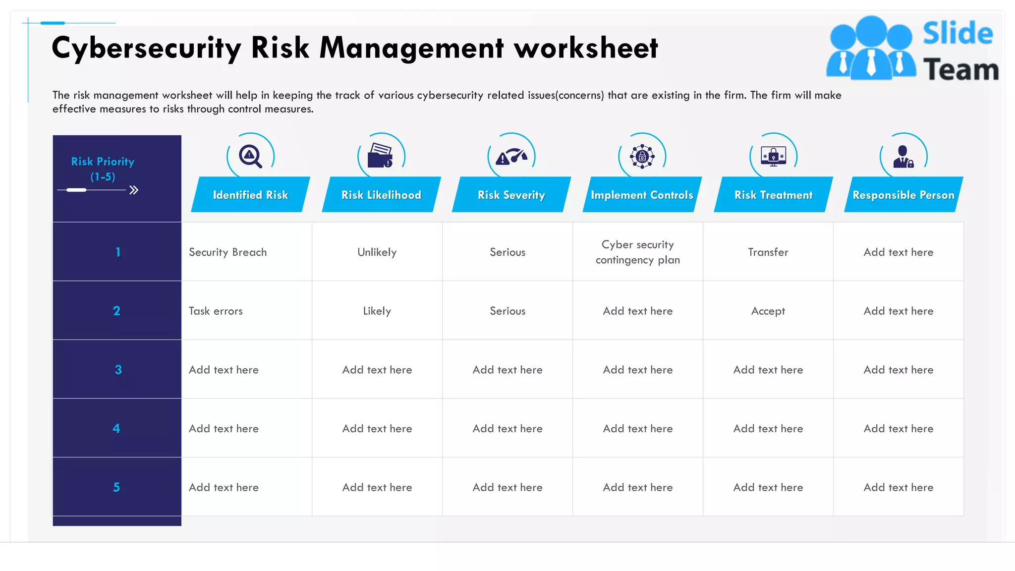 Risk Priority
(1-5)
1 Security Breach Unlikely Serious
Cyber security
contingency plan
Transfer Add text here
2 Task errors Likely Serious Add text here Accept Add text here
3 Add text here Add text here Add text here Add text here Add text here Add text here
4 Add text here Add text here Add text here Add text here Add text here Add text here
5 Add text here Add text here Add text here Add text here Add text here Add text here
Cybersecurity Risk Management worksheet
13
Identified Risk Risk Severity Implement Controls Risk Treatment Responsible PersonRisk Likelihood
The risk management worksheet will help in keeping the track of various cybersecurity related issues(concerns) that are existing in the firm. The firm will make
effective measures to risks through control measures.
 