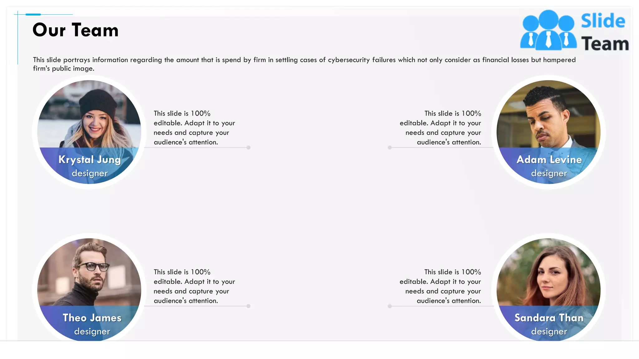 Our Team
51
This slide portrays information regarding the amount that is spend by firm in settling cases of cybersecurity failures which not only consider as financial losses but hampered
firm’s public image.
Adam Levine
designer
This slide is 100%
editable. Adapt it to your
needs and capture your
audience's attention.
This slide is 100%
editable. Adapt it to your
needs and capture your
audience's attention.
Krystal Jung
designer
This slide is 100%
editable. Adapt it to your
needs and capture your
audience's attention.
This slide is 100%
editable. Adapt it to your
needs and capture your
audience's attention.
Theo James
designer
Sandara Than
designer
 