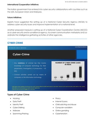 BE SMART & CREATIVE IN CYBER WORLD
International Cooperation Initiatives
The Indian government has entered into cyber security collaborations with countries such as
the USA, European Union and Malaysia.
Future Initiatives
Experts have suggested the setting up of a National Cyber Security Agency (NCSA) to
address cyber security issues and improve implementation at a national level.
Another proposed measure is setting up of a National Cyber Coordination Centre (NCCC)
as a cyber security and e-surveillance agency, to screen communication metadata and co-
ordinate the intelligence gathering activities of other agencies.
---------------------------------------------------------------------------------------------------------
CYBER CRIME
Types of Cyber Crime
 Hacking
 Data Theft
 Identity Theft
 Cyber Stalking
 Malware
 Spamming Phishing
 Piracy
 Internet Scams
 Child soliciting and Abuse
 Computer vandalism
 Online gambling
 Cyberterrorism
 