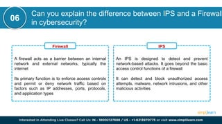 Can you explain the difference between IPS and a Firewall
in cybersecurity?
06
A firewall acts as a barrier between an internal
network and external networks, typically the
internet
Its primary function is to enforce access controls
and permit or deny network traffic based on
factors such as IP addresses, ports, protocols,
and application types
Firewall
An IPS is designed to detect and prevent
network-based attacks. It goes beyond the basic
access control functions of a firewall
It can detect and block unauthorized access
attempts, malware, network intrusions, and other
malicious activities
IPS
 