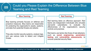 Could you Please Explain the Difference Between Blue
Teaming and Red Teaming
09
Blue teaming primarily focuses on defense and
proactive measures. Blue teams are responsible
for protecting the organization's assets, systems,
and data from potential threats and attacks
They also monitor security systems, analyze logs,
and use various tools to detect and mitigate
threats
Blue Teaming
Red teaming takes an offensive approach. Red
teams are independent individuals who simulate
real-world cyberattacks to evaluate the
effectiveness of the organization's security
controls and practices
Red teams use tactics like those of real attackers,
such as social engineering, penetration
testing, and vulnerability assessments, to
uncover potential security flaws
Red Teaming
 