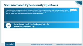 CYBERSECURITY CERTIFICATION COURSE www.edureka.co/cybersecurity-certification-training
Scenario Based Cybersecurity Questions
Scenario 1A while back, the IT folks got a number of complaints that one of our campus computers was sending out Viagra spam.
They checked it out, and the reports were true: a hacker had installed a program on the computer that made it automatically
send out tons of spam email without the computer owner’s knowledge.
How do you think the hacker got into the
computer to set this up?
10
Scenario 10
 