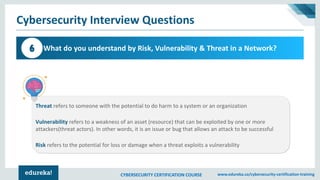 CYBERSECURITY CERTIFICATION COURSE www.edureka.co/cybersecurity-certification-training
Cybersecurity Interview Questions
What do you understand by Risk, Vulnerability & Threat in a Network?6
Threat refers to someone with the potential to do harm to a system or an organization
Vulnerability refers to a weakness of an asset (resource) that can be exploited by one or more
attackers(threat actors). In other words, it is an issue or bug that allows an attack to be successful
Risk refers to the potential for loss or damage when a threat exploits a vulnerability
 
