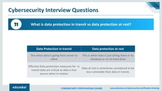 CYBERSECURITY CERTIFICATION COURSE www.edureka.co/cybersecurity-certification-training
Cybersecurity Interview Questions
What is data protection in transit vs data protection at rest?31
Data Protection in transit Data protection at rest
This when data is going from server to
client
This is when data is just sitting there in its
database or on its hard drive
Effective Data protection measures for in
transit data are critical as data is less
secure when in motion
Data at rest is sometimes considered to be
less vulnerable than data in transit,
 