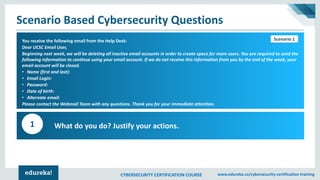 CYBERSECURITY CERTIFICATION COURSE www.edureka.co/cybersecurity-certification-training
Scenario Based Cybersecurity Questions
Scenario 1You receive the following email from the Help Desk:
Dear UCSC Email User,
Beginning next week, we will be deleting all inactive email accounts in order to create space for more users. You are required to send the
following information to continue using your email account. If we do not receive this information from you by the end of the week, your
email account will be closed.
• Name (first and last):
• Email Login:
• Password:
• Date of birth:
• Alternate email:
Please contact the Webmail Team with any questions. Thank you for your immediate attention.
What do you do? Justify your actions.1
Scenario 1
 