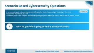 CYBERSECURITY CERTIFICATION COURSE www.edureka.co/cybersecurity-certification-training
Scenario Based Cybersecurity Questions
Scenario 1In our computing labs and departments, print billing is often tied to the user's login. People login, they print,
they (or their department) get a bill.
Sometimes people call to complain about bills for printing they never did only to find out that the bills are, indeed, correct.
What do you infer is going on in this situation? Justify.4
Scenario 4
 