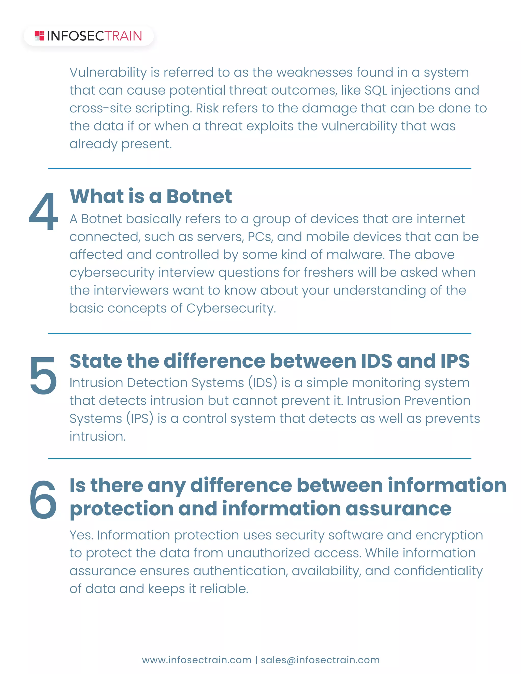 www.infosectrain.com | sales@infosectrain.com
A Botnet basically refers to a group of devices that are internet
˖ˢˡˡ˘˖˧˘˗ʟ˦˨˖˛˔˦˦˘˥˩˘˥˦ʟ˃ʶ˦ʟ˔ˡ˗ˠˢ˕˜˟˘˗˘˩˜˖˘˦˧˛˔˧˖˔ˡ˕˘
˔˙˙˘˖˧˘˗˔ˡ˗˖ˢˡ˧˥ˢ˟˟˘˗˕ˬ˦ˢˠ˘˞˜ˡ˗ˢ˙ˠ˔˟˪˔˥˘ʡˇ˛˘˔˕ˢ˩˘
cybersecurity interview questions for freshers will be asked when
the interviewers want to know about your understanding of the
˕˔˦˜˖˖ˢˡ˖˘ˣ˧˦ˢ˙ʶˬ˕˘˥˦˘˖˨˥˜˧ˬʡ
ˉ˨˟ˡ˘˥˔˕˜˟˜˧ˬ˜˦˥˘˙˘˥˥˘˗˧ˢ˔˦˧˛˘˪˘˔˞ˡ˘˦˦˘˦˙ˢ˨ˡ˗˜ˡ˔˦ˬ˦˧˘ˠ
˧˛˔˧˖˔ˡ˖˔˨˦˘ˣˢ˧˘ˡ˧˜˔˟˧˛˥˘˔˧ˢ˨˧˖ˢˠ˘˦ʟ˟˜˞˘ˆ˄ʿ˜ˡ˝˘˖˧˜ˢˡ˦˔ˡ˗
˖˥ˢ˦˦ʠ˦˜˧˘˦˖˥˜ˣ˧˜ˡ˚ʡ˅˜˦˞˥˘˙˘˥˦˧ˢ˧˛˘˗˔ˠ˔˚˘˧˛˔˧˖˔ˡ˕˘˗ˢˡ˘˧ˢ
the data if or when a threat exploits the vulnerability that was
˔˟˥˘˔˗ˬˣ˥˘˦˘ˡ˧ʡ
What is a Botnet
4
ʼˡ˧˥˨˦˜ˢˡʷ˘˧˘˖˧˜ˢˡˆˬ˦˧˘ˠ˦ʛʼʷˆʜ˜˦˔˦˜ˠˣ˟˘ˠˢˡ˜˧ˢ˥˜ˡ˚˦ˬ˦˧˘ˠ
˧˛˔˧˗˘˧˘˖˧˦˜ˡ˧˥˨˦˜ˢˡ˕˨˧˖˔ˡˡˢ˧ˣ˥˘˩˘ˡ˧˜˧ʡʼˡ˧˥˨˦˜ˢˡ˃˥˘˩˘ˡ˧˜ˢˡ
ˆˬ˦˧˘ˠ˦ʛʼ˃ˆʜ˜˦˔˖ˢˡ˧˥ˢ˟˦ˬ˦˧˘ˠ˧˛˔˧˗˘˧˘˖˧˦˔˦˪˘˟˟˔˦ˣ˥˘˩˘ˡ˧˦
˜ˡ˧˥˨˦˜ˢˡʡ
State the difference between IDS and IPS
5
ˌ˘˦ʡʼˡ˙ˢ˥ˠ˔˧˜ˢˡˣ˥ˢ˧˘˖˧˜ˢˡ˨˦˘˦˦˘˖˨˥˜˧ˬ˦ˢ˙˧˪˔˥˘˔ˡ˗˘ˡ˖˥ˬˣ˧˜ˢˡ
˧ˢˣ˥ˢ˧˘˖˧˧˛˘˗˔˧˔˙˥ˢˠ˨ˡ˔˨˧˛ˢ˥˜˭˘˗˔˖˖˘˦˦ʡˊ˛˜˟˘˜ˡ˙ˢ˥ˠ˔˧˜ˢˡ
˔˦˦˨˥˔ˡ˖˘˘ˡ˦˨˥˘˦˔˨˧˛˘ˡ˧˜˖˔˧˜ˢˡʟ˔˩˔˜˟˔˕˜˟˜˧ˬʟ˔ˡ˗˖ˢˡЃ˗˘ˡ˧˜˔˟˜˧ˬ
ˢ˙˗˔˧˔˔ˡ˗˞˘˘ˣ˦˜˧˥˘˟˜˔˕˟˘ʡ
Is there any difference between information
protection and information assurance
6
 