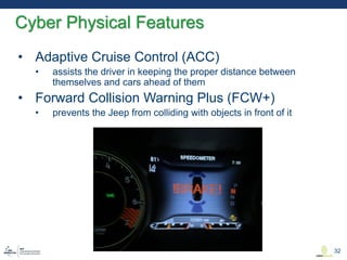 • Adaptive Cruise Control (ACC)
• assists the driver in keeping the proper distance between
themselves and cars ahead of them
• Forward Collision Warning Plus (FCW+)
• prevents the Jeep from colliding with objects in front of it
Cyber Physical Features
32
 