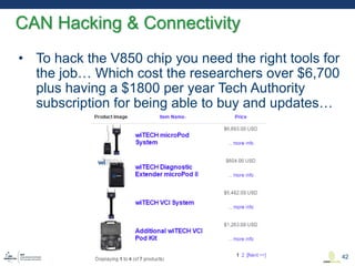 • To hack the V850 chip you need the right tools for
the job… Which cost the researchers over $6,700
plus having a $1800 per year Tech Authority
subscription for being able to buy and updates…
CAN Hacking & Connectivity
42
 
