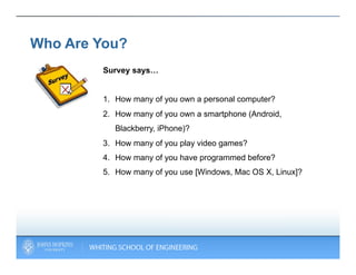 Who Are You?
        Survey says…


        1.  How many of you own a personal computer?
        2.  How many of you own a...