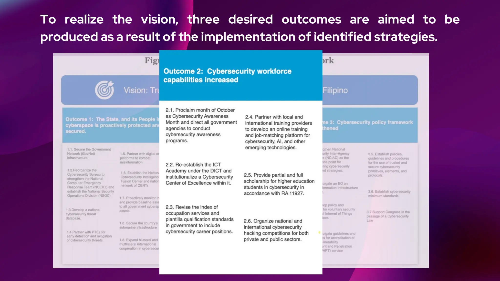 To realize the vision, three desired outcomes are aimed to be
produced as a result of the implementation of identified strategies.
 