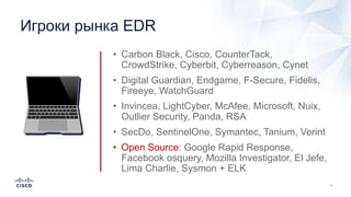 Игроки рынка EDR
• Carbon Black, Cisco, CounterTack,
CrowdStrike, Cyberbit, Cyberreason, Cynet
• Digital Guardian, Endgame...