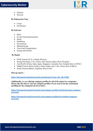 Cybersecurity Market
www.introspectivemarketresearch.com IMR 2023
• Solution
• Services
By Deployment Type
• Cloud
• On-Premise
By End-user
• BFSI
• IT and Telecommunications
• Retail
• Healthcare
• Government
• Manufacturing
• Travel and Transportation
• Energy and Utilities
By Region
• North America (U.S., Canada, Mexico)
• Europe (Germany, U.K., France, Italy, Russia, Spain, Rest of Europe)
• Asia-Pacific (China, India, Japan, Singapore, Australia, New Zealand, Rest of APAC)
• Middle East & Africa (Turkey, Saudi Arabia, Iran, UAE, Africa, Rest of MEA)
• South America (Brazil, Argentina, Rest of SA)
Pick up report: -
https://introspectivemarketresearch.com/checkout/?user=1&_sid=14944
Additionally, we are offering company profiles for all of the major key companies.
Please take the time to visit our company profiles. If you want to do any customized
profiling for the companies do let us know.
https://introspectivemarketresearch.com/company-profiles/zurich-insurance-company-
overview/
https://introspectivemarketresearch.com/company-profiles/air-products-company-
overview/
 