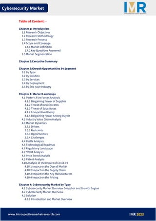 Cybersecurity Market
www.introspectivemarketresearch.com IMR 2023
Table of Content: -
Chapter 1: Introduction
1.1 Research Objectives
1.2 Research Methodology
1.3 Research Process
1.4 Scope and Coverage
1.4.1 Market Definition
1.4.2 Key Questions Answered
1.5 Market Segmentation
Chapter 2:Executive Summary
Chapter 3:Growth Opportunities By Segment
3.1 By Type
3.2 By Solution
3.3 By Services
3.4 By Deployment
3.5 By End-User Industry
Chapter 4: Market Landscape
4.1 Porter's Five Forces Analysis
4.1.1 Bargaining Power of Supplier
4.1.2 Threat of New Entrants
4.1.3 Threat of Substitutes
4.1.4 Competitive Rivalry
4.1.5 Bargaining Power Among Buyers
4.2 Industry Value Chain Analysis
4.3 Market Dynamics
3.5.1 Drivers
3.5.2 Restraints
3.5.3 Opportunities
3.5.4 Challenges
4.4 Pestle Analysis
4.5 Technological Roadmap
4.6 Regulatory Landscape
4.7 SWOT Analysis
4.8 Price Trend Analysis
4.9 Patent Analysis
4.10 Analysis of the Impact of Covid-19
4.10.1 Impact on the Overall Market
4.10.2 Impact on the Supply Chain
4.10.3 Impact on the Key Manufacturers
4.10.4 Impact on the Pricing
Chapter 4: Cybersecurity Market by Type
4.1 Cybersecurity Market Overview Snapshot and Growth Engine
4.2 Cybersecurity Market Overview
4.3 Solution
4.3.1 Introduction and Market Overview
 