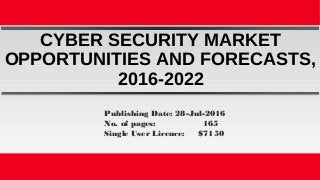 CYBER SECURITY MARKET
OPPORTUNITIES AND FORECASTS,
2016-2022
Publishing Date: 28-Jul-2016
No. of pages: 165
Single User Licence: $7150
 