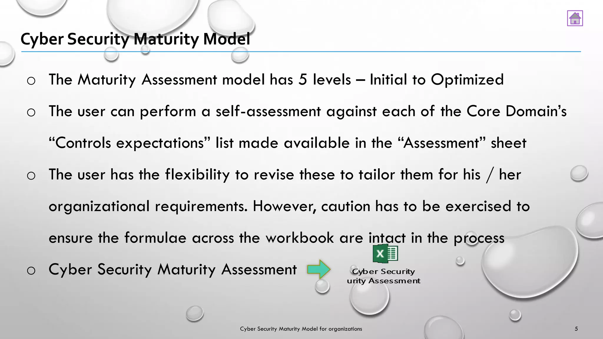 Cyber Security Maturity Model
o The Maturity Assessment model has 5 levels – Initial to Optimized
o The user can perform a self-assessment against each of the Core Domain’s
“Controls expectations” list made available in the “Assessment” sheet
o The user has the flexibility to revise these to tailor them for his / her
organizational requirements. However, caution has to be exercised to
ensure the formulae across the workbook are intact in the process
o Cyber Security Maturity Assessment
5Cyber Security Maturity Model for organizations
 