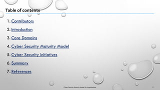 Table of contents
1. Contributors
2. Introduction
3. Core Domains
4. Cyber Security Maturity Model
5. Cyber Security initiatives
6. Summary
7. References
2Cyber Security Maturity Model for organizations
 