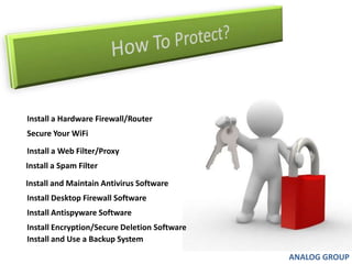 How To Protect?Install a Hardware Firewall/RouterSecure Your WiFiInstall a Web Filter/Proxy Install a Spam Filter Install and Maintain Antivirus SoftwareInstall Desktop Firewall SoftwareInstall Antispyware SoftwareInstall Encryption/Secure Deletion SoftwareInstall and Use a Backup SystemANALOG GROUP