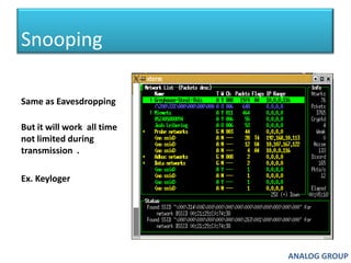 SnoopingSame as EavesdroppingBut it will work  all time not limited during  transmission  .Ex. KeylogerANALOG GROUP