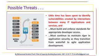 By Mohammad Ibrahim Fheili / Risk & Capacity Building Specialist, +961 03 33 71 75 & mifheili@gmail.com
Possible Threats . . .
• Little time has been spent to identify
vulnerabilities created by interactions
between many IT Applications and
services, and
• …Must build and enforce standards for
appropriate developer access.
• …Must continue to maintain rigor in
application security as they transition
from waterfall to agile application
development.
 