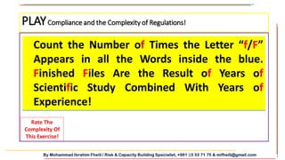 By Mohammad Ibrahim Fheili / Risk & Capacity Building Specialist, +961 03 33 71 75 & mifheili@gmail.com
Count the Number of Times the Letter “f/F”
Appears in all the Words inside the blue.
Finished Files Are the Result of Years of
Scientific Study Combined With Years of
Experience!
Count the Number of Times the Letter “f/F”
Appears in all the Words inside the blue.
Finished Files Are the Result of Years of
Scientific Study Combined With Years of
Experience!
Rate The
Complexity Of
This Exercise!
PLAYCompliance and the Complexity of Regulations!
 