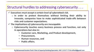 By Mohammad Ibrahim Fheili / Risk & Capacity Building Specialist, +961 03 33 71 75 & mifheili@gmail.com
Structural hurdles to addressing cybersecurity . . .
 Executives must accept a certain level of cyberattack risk.
o In order to protect themselves without limiting their ability to
innovate, companies have to make sophisticated trade-offs between
risks and customer expectations.
 The implications of cybersecurity are inescapable.
o Cybersecurity touches every business process and function, not only
in operations but also in:
• Customer care, Marketing, and Product development,
• Procurement,
• Human resources, and
• Public affairs.
 