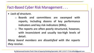 By Mohammad Ibrahim Fheili / Risk & Capacity Building Specialist, +961 03 33 71 75 & mifheili@gmail.com
 Lack of structure.
o Boards and committees are swamped with
reports, including dozens of key performance
indicators and key risk indicators (KRIs).
o The reports are often poorly structured, however,
with inconsistent and usually too-high levels of
detail.
Many board members are dissatisfied with the reports
they receive.
Fact-Based Cyber Risk Management . . .
 