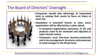 By Mohammad Ibrahim Fheili / Risk & Capacity Building Specialist, +961 03 33 71 75 & mifheili@gmail.com
• Companies should take advantage of automated
tools to catalog their assets to focus on those at
most risk.
• Adaptation is essential! Sooner or later, every
organization will be affected by a cyber-attack.
• A company’s organization, processes, IT, OT, and
products need to be reviewed and adjusted as
cyber-threats evolve.
• Companies must fine-tune business-continuity
and crisis-management structures and processes
to meet changes in the threat level.
The Board of Directors’ Oversight . . .
 