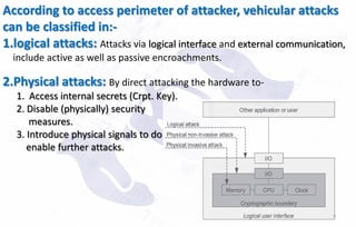9
According to access perimeter of attacker, vehicular attacks
can be classified in:-
1.logical attacks: Attacks via logical interface and external communication,
include active as well as passive encroachments.
2.Physical attacks: By direct attacking the hardware to-
1. Access internal secrets (Crpt. Key).
2. Disable (physically) security
measures.
3. Introduce physical signals to do
enable further attacks.
 