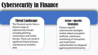 Cybersecurity in Finance
T kojjij
Threat Landscape
The financial sector faces a
diverse range of
cybersecurity threats
including phishing,
ransomware and insider
threats. These can result in
significant financial losses
and breach of sensitive
data.
Sector –Specific
Strategies
Finance-specific
cybersecurity strategies
involve robust encryption
methods, continuous
monitoring of transaction,
and multi-factor
authentication to safeguard
against potential breaches.
 