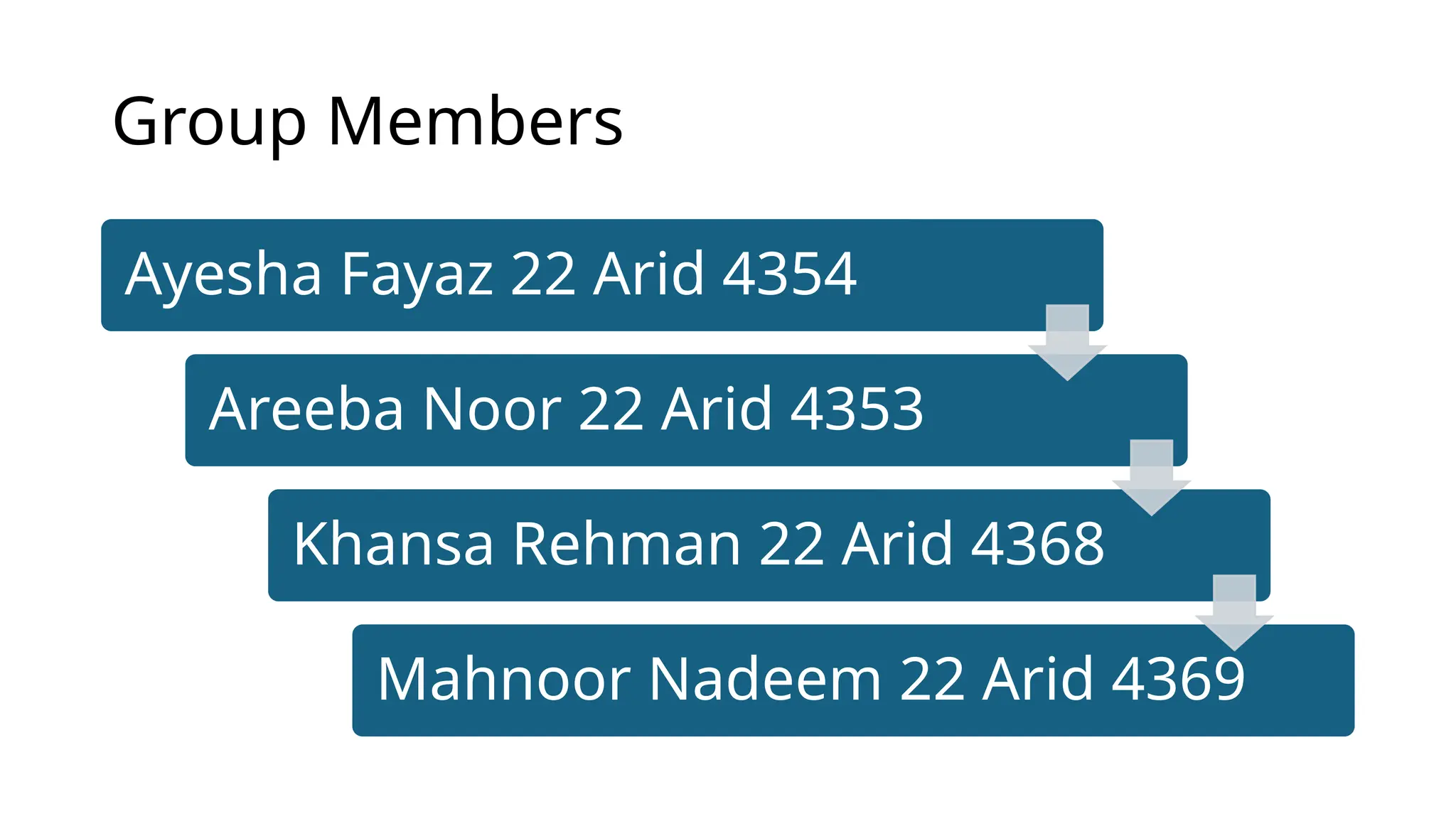 Group Members
Ayesha Fayaz 22 Arid 4354
Areeba Noor 22 Arid 4353
Khansa Rehman 22 Arid 4368
Mahnoor Nadeem 22 Arid 4369
 