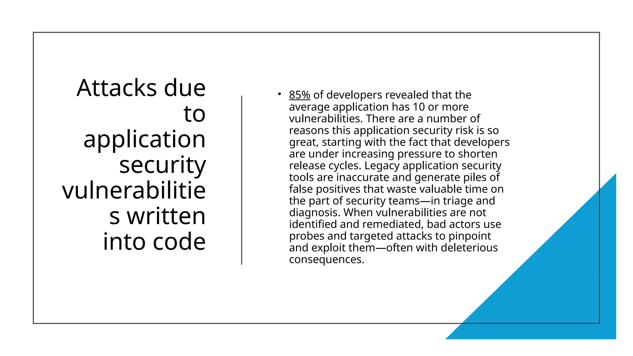 Attacks due
to
application
security
vulnerabilitie
s written
into code
• 85% of developers revealed that the
average application has 10 or more
vulnerabilities. There are a number of
reasons this application security risk is so
great, starting with the fact that developers
are under increasing pressure to shorten
release cycles. Legacy application security
tools are inaccurate and generate piles of
false positives that waste valuable time on
the part of security teams—in triage and
diagnosis. When vulnerabilities are not
identified and remediated, bad actors use
probes and targeted attacks to pinpoint
and exploit them—often with deleterious
consequences.
 