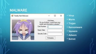 MALWARE
• Virus
• Worm
• Trojan
• Ransomware
• Spyware
• Adware
• Botnet
 