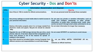 Information dissemination and disposal
S.No. Dos Don’ts
1. Use of Gov.in / NIC.in emails for official communications. Do not use personal email ids except those exempted.
2. Use privacy settings on social media sites to restrict access to
your personal information.
Do not post any private or sensitive information, such as
credit card numbers, passwords, or other private
information, on public sites, including social media sites,
and Do not send it through email unless authorized to do so.
3. Destroy information properly when it is no longer needed from
electronic media and papers. Recycle bin should be cleaned
daily.
Do not retain Information for longer than necessary.
4. Regulate the use of USB storage devices like pen drive, smart
phones, tabs etc. It has been observed that unregulated use of
many such devices is one of the reasons for spread of
malware in the network.
Do not create HOTSPOT on machines to avoid misuse
5. Hard Disk should be formatted before moving Computer from
different sections and responsibilities to avoid data leakage
Do not use MTNL/ AIRTEL/ VODAFONE/ JIO etc.
ISP
networks on official machines.
Cyber Security - Dos and Don’ts
 
