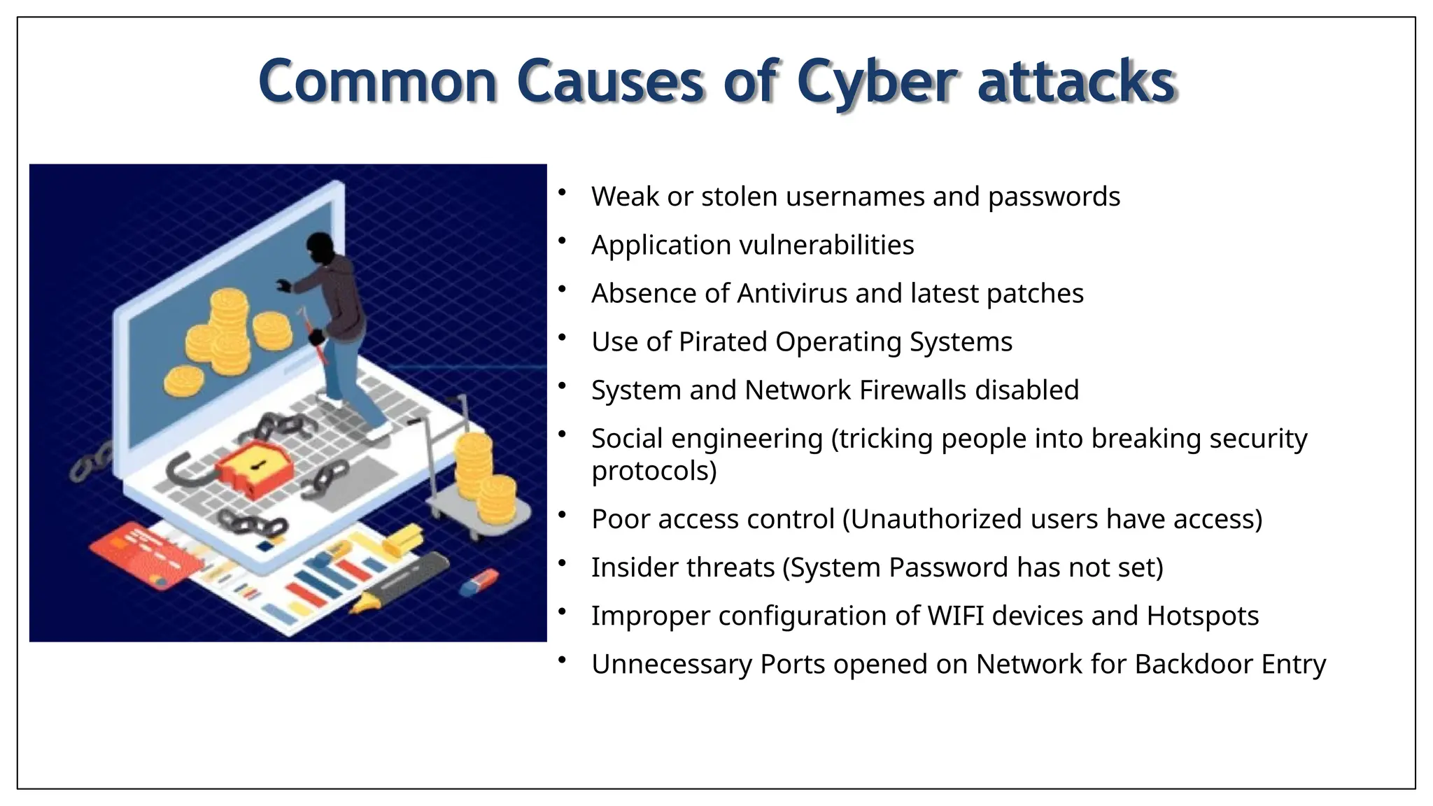 Common Causes of Cyber attacks
• Weak or stolen usernames and passwords
• Application vulnerabilities
• Absence of Antivirus and latest patches
• Use of Pirated Operating Systems
• System and Network Firewalls disabled
• Social engineering (tricking people into breaking security
protocols)
• Poor access control (Unauthorized users have access)
• Insider threats (System Password has not set)
• Improper configuration of WIFI devices and Hotspots
• Unnecessary Ports opened on Network for Backdoor Entry
 