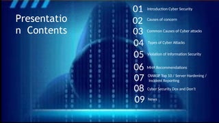 Causes of concern
Common Causes of Cyber attacks
Types of Cyber Attacks
OWASP Top 10 / Server Hardening /
Incident Reporting
Violation of Information Security
01
02
Introduction Cyber Security
Presentatio
n Contents
MHA Recommendations
News
03
04
05
06
07
08
09
Cyber Security Dos and Don’t
 