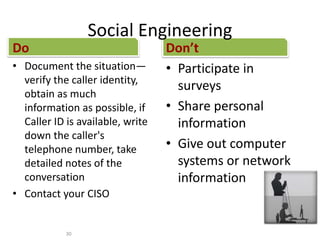 Social Engineering
30
Do
• Document the situation—
verify the caller identity,
obtain as much
information as possible, if
Caller ID is available, write
down the caller's
telephone number, take
detailed notes of the
conversation
• Contact your CISO
Don’t
• Participate in
surveys
• Share personal
information
• Give out computer
systems or network
information
 