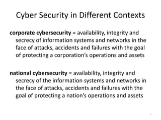 Cyber Security in Different Contexts
corporate cybersecurity = availability, integrity and
secrecy of information systems and networks in the
face of attacks, accidents and failures with the goal
of protecting a corporation’s operations and assets
national cybersecurity = availability, integrity and
secrecy of the information systems and networks in
the face of attacks, accidents and failures with the
goal of protecting a nation’s operations and assets
7
 