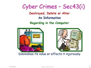 Cyber Crimes – Sec43(i)
Destroyed, Delete or Alter
An Information
Regarding in the Computer
Diminishes its value or effects it injuriously
4/25/2017 N e e r a j A a r o ra 76
 