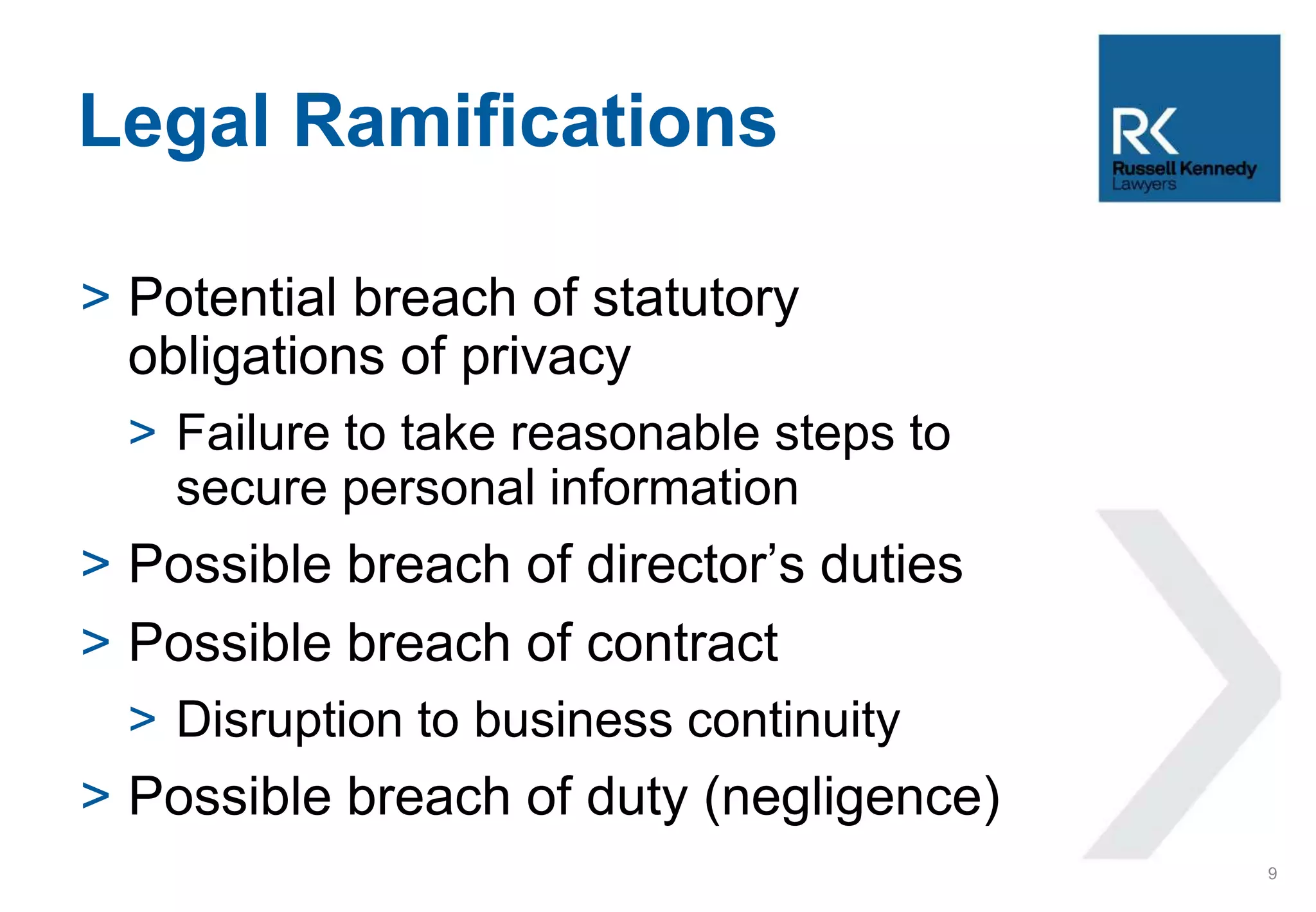 > Potential breach of statutory
obligations of privacy
> Failure to take reasonable steps to
secure personal information
> Possible breach of director’s duties
> Possible breach of contract
> Disruption to business continuity
> Possible breach of duty (negligence)
Legal Ramifications
9
 