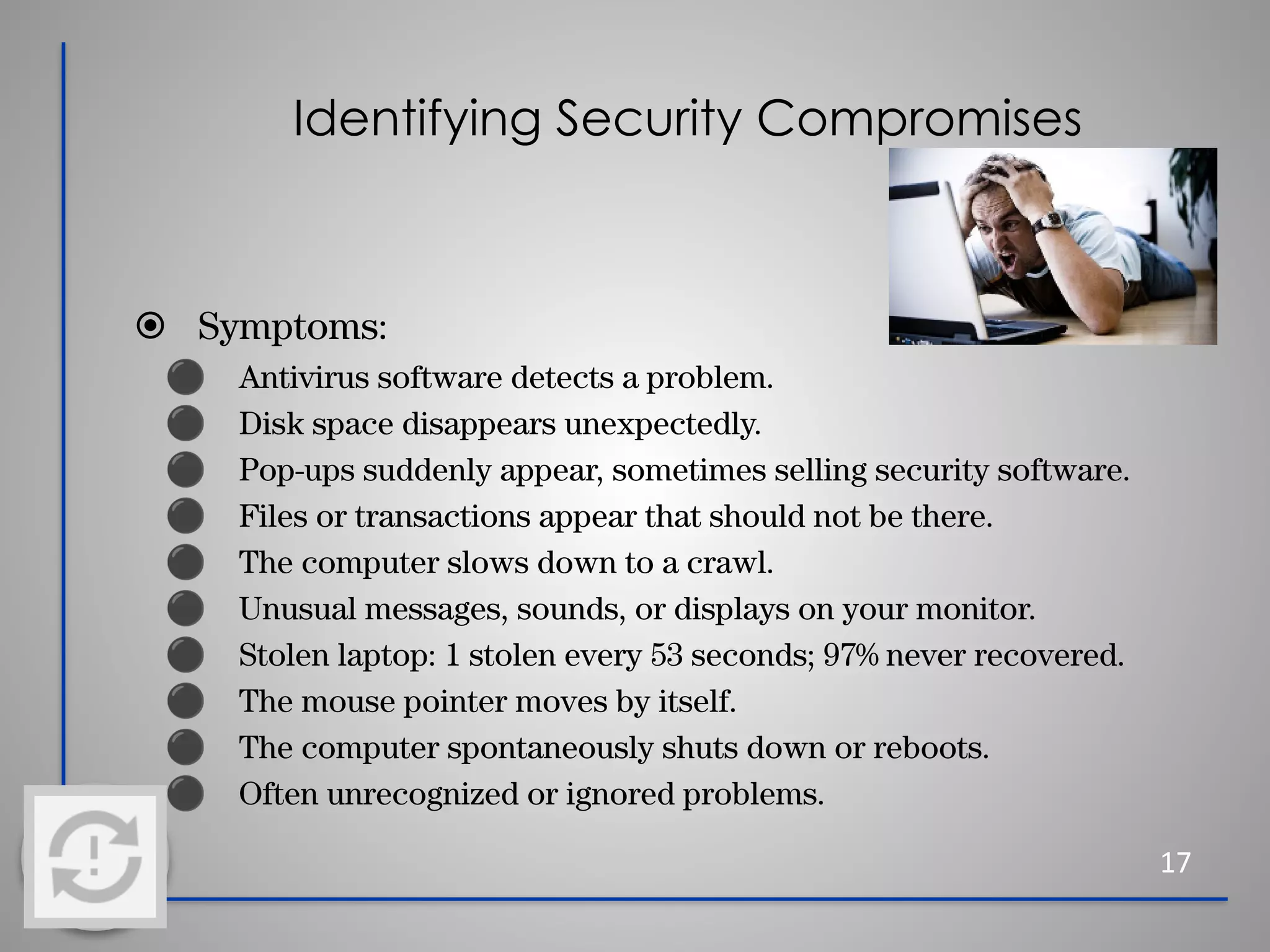 Identifying Security Compromises
17
⦿ Symptoms:
⚫ Antivirus software detects a problem.
⚫ Disk space disappears unexpectedly.
⚫ Pop-ups suddenly appear, sometimes selling security software.
⚫ Files or transactions appear that should not be there.
⚫ The computer slows down to a crawl.
⚫ Unusual messages, sounds, or displays on your monitor.
⚫ Stolen laptop: 1 stolen every 53 seconds; 97% never recovered.
⚫ The mouse pointer moves by itself.
⚫ The computer spontaneously shuts down or reboots.
⚫ Often unrecognized or ignored problems.
 